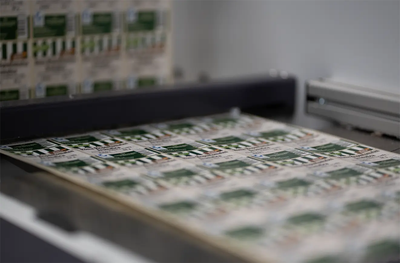 Bogen mit frisch gedruckten Etiketten in einer Druckmaschine.