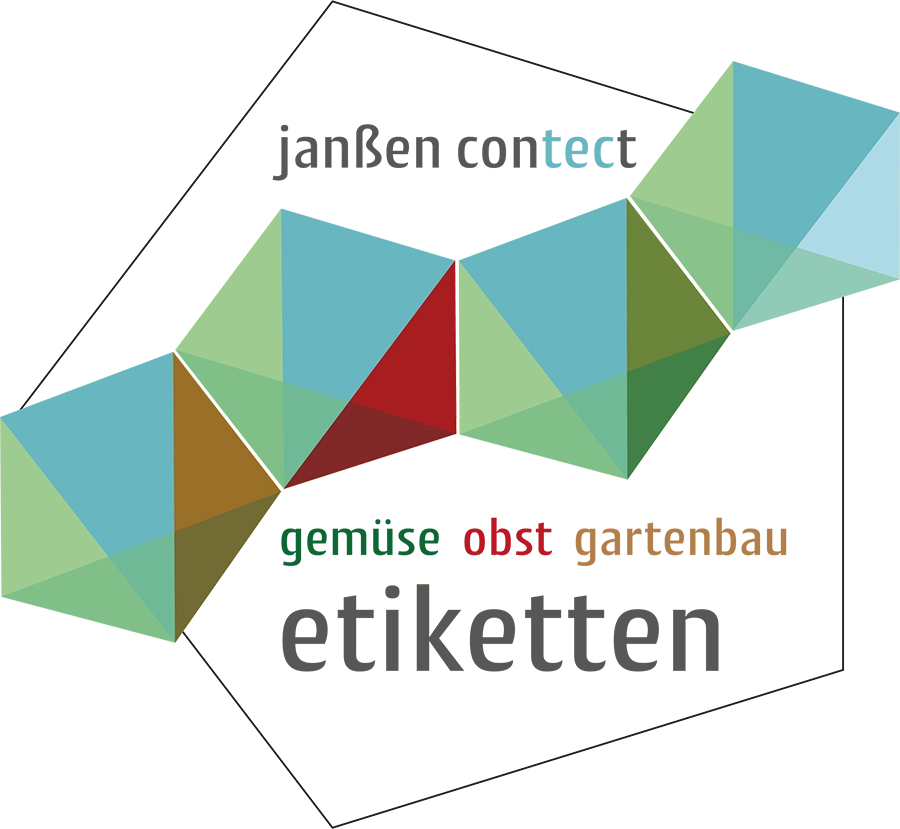 Abstraktes Logo mit farbigen, polygonalen Formen in Grün-, Blau- und Rottönen, kombiniert mit Text „janßen contect“ sowie „gemüse obst gartenbau etiketten“ auf hellem Hintergrund.